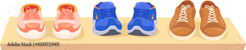 Sneakers on shelf. Cartoon athletic shoe. Active lifestyle