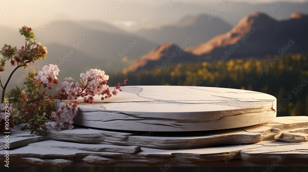 White stone product display podium with nature leaves background. White stone product display podium with nature leaves background.