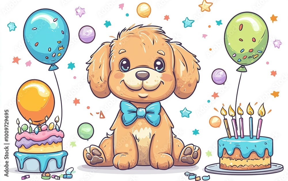 Obraz premium A cheerful cartoon puppy celebrates its birthday surrounded by colorful balloons and delicious cakes in a festive atmosphere