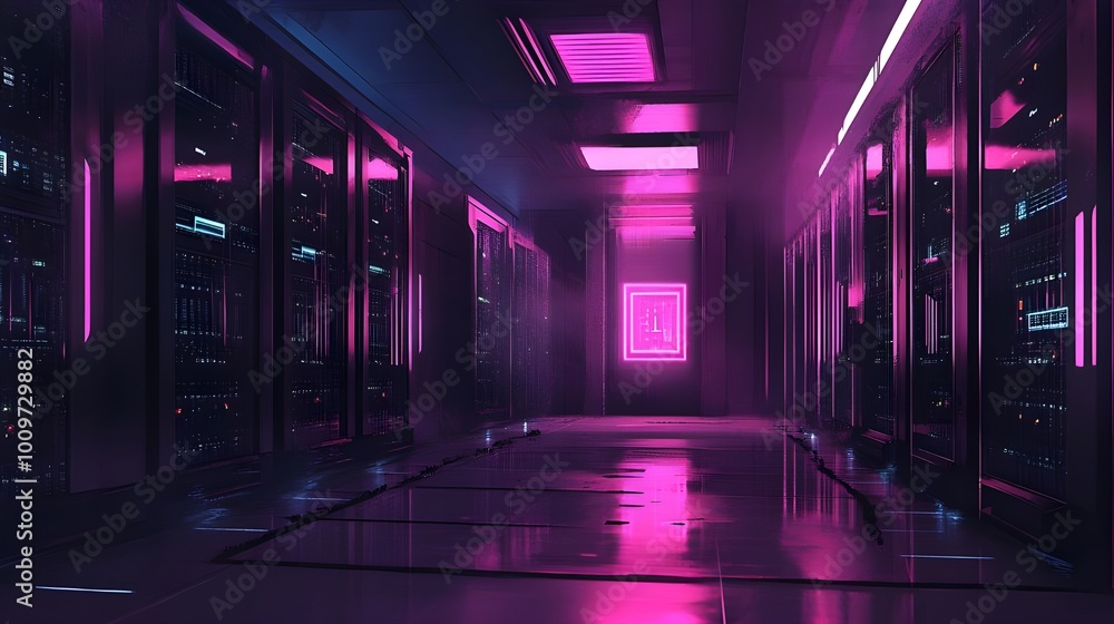 A futuristic hallway illuminated by neon pink and purple lights, with sleek walls and reflective floors, evoking a high-tech, cyberpunk atmosphere. A futuristic hallway illuminated by neon pink and purple lights, with sleek walls and reflective floors, evoking a high-tech, cyberpunk atmosphere.