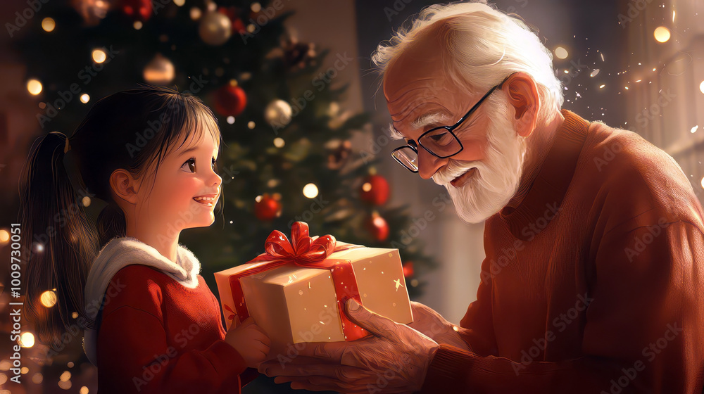 Grandfather gives her granddaughter gift box near a Christmas tree. Family traditions. Merry Christmas. Happy New Year. Christmas tradition. Cartoon style illustration