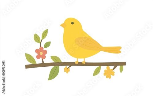 A cheerful yellow bird perched on a branch adorned with vibrant flowers, welcoming spring in a bright and artistic style