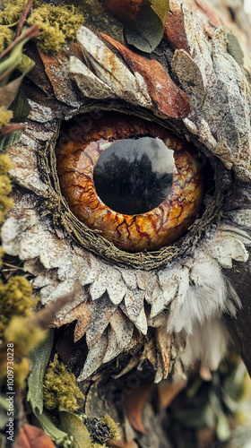 the brute evil growing inside eye of a floral owls, like an evil will-o'-the-wisp, extreme closeup photo