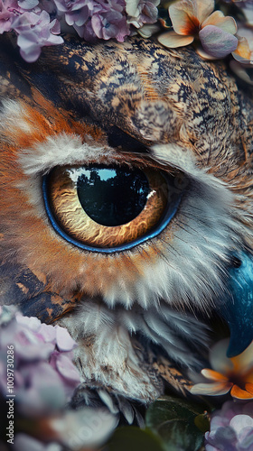 the brute evil growing inside eye of a floral owls, like an evil will-o'-the-wisp, extreme closeup photo