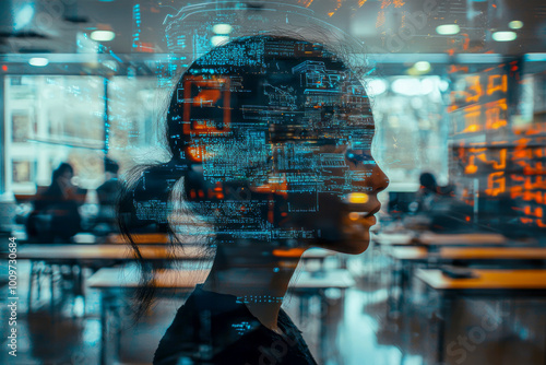 Integrating Technology: A Fusion of AI and Education in a Double Exposure Masterpiece