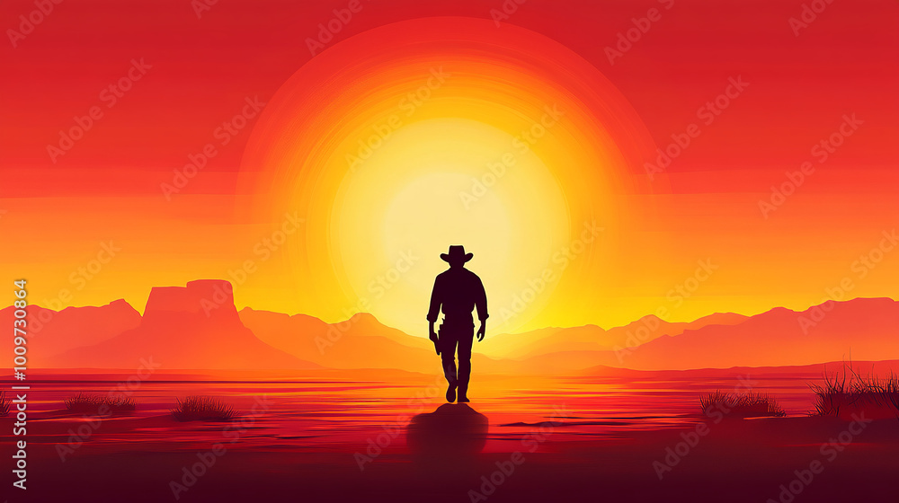 wild west, a man walking towards horizan, Silloute against huge sun, evening time, illustration wild west, a man walking towards horizan, Silloute against huge sun, evening time, illustration