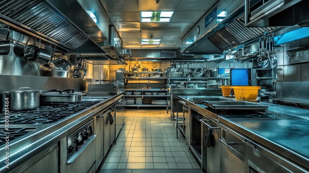 A clean and organized commercial kitchen with stainless steel appliances and equipment. A clean and organized commercial kitchen with stainless steel appliances and equipment.