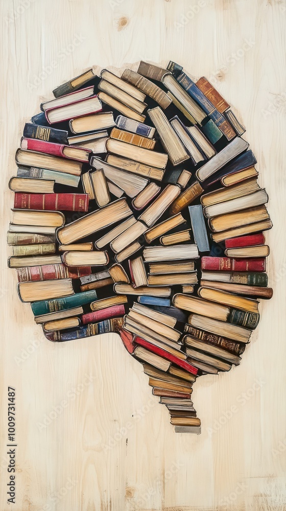 Obraz premium A brain shape created out of various books on a wooden background.