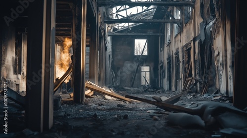 inside an abandoned building after a fire, the background is destroyed with broken wood beams