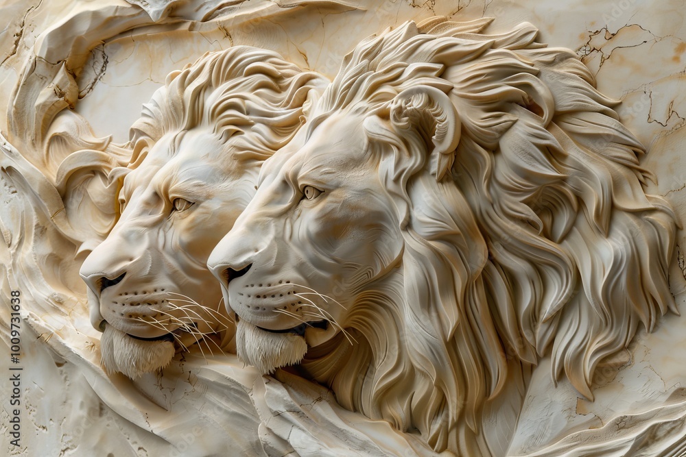 Fototapeta premium A captivating 3D relief wallpaper featuring stunning lions, crafted as a mural