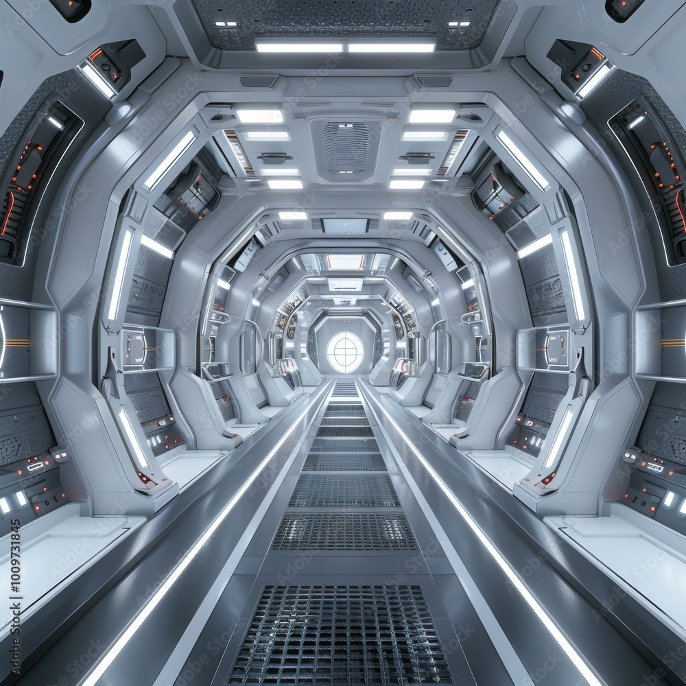A stunning 3D rendering of a spaceship gangway, showcasing futuristic aesthetics and advanced A stunning 3D rendering of a spaceship gangway, showcasing futuristic aesthetics and advanced