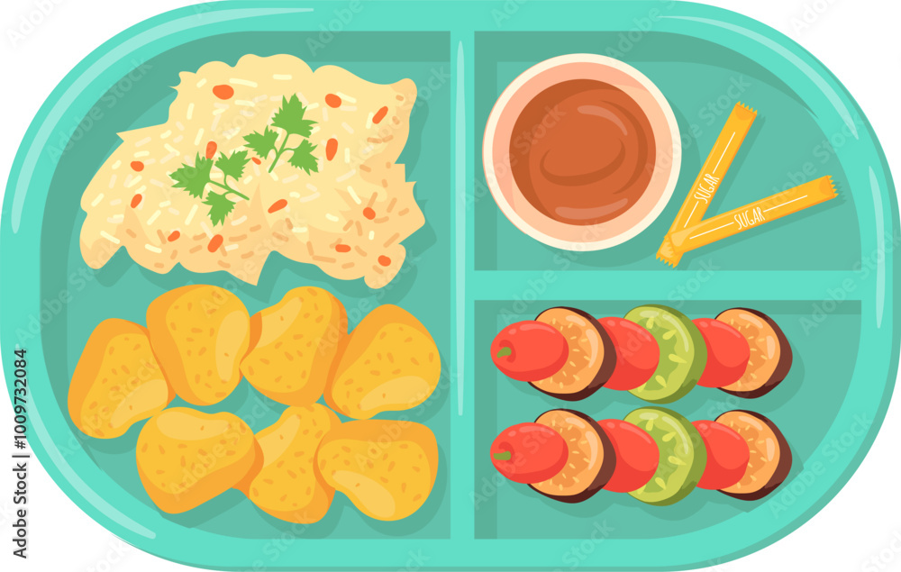 Cafeteria tray with food. School canteen plastic plate Cafeteria tray with food. School canteen plastic plate