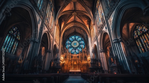 Dramatic interior of a Gothic cathedral featuring pointed arches and stained glass, richly toned with ornate carvings. Wide-angle view, minimal clutter, high-quality image.