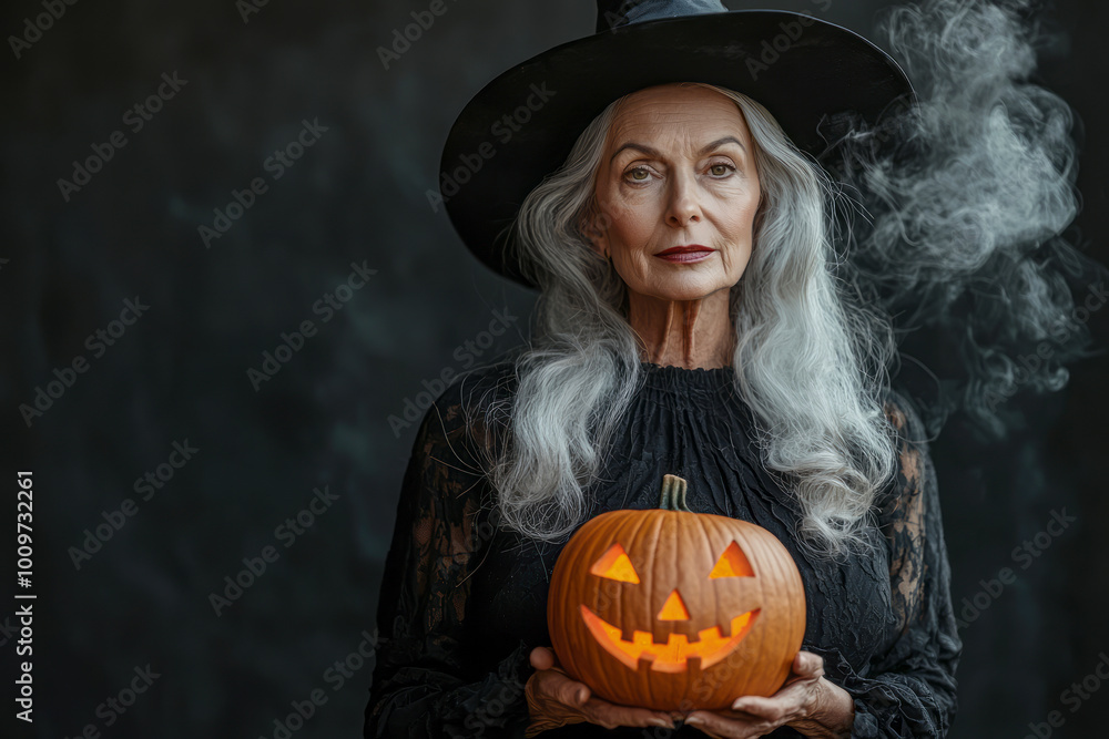 Fototapeta premium Elegant senior lady in black attire and hat holding pumpkin lantern on Halloween night, posing confidently amidst smoke on dark backdrop.