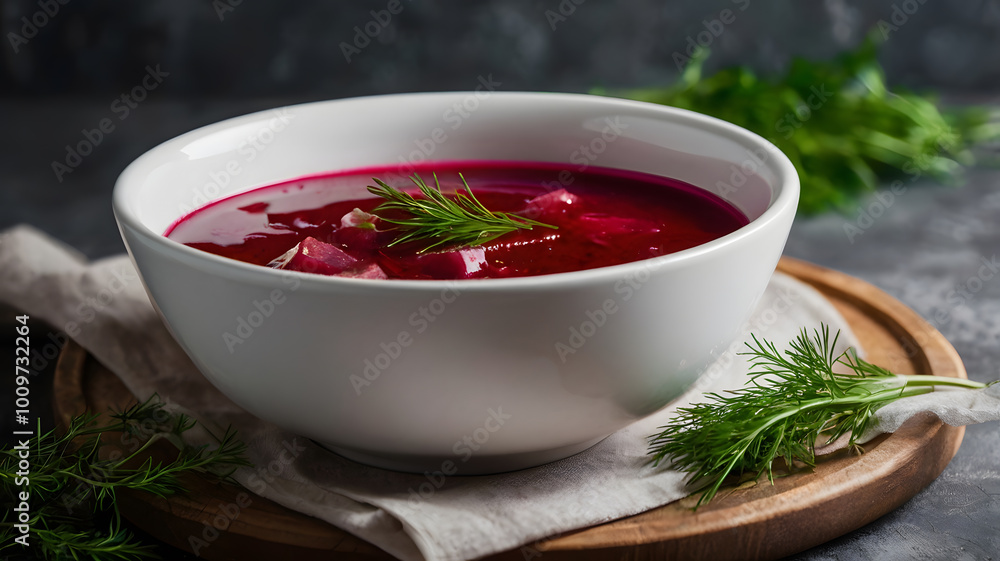 Red borscht soup with dill in white bowl Red borscht soup with dill in white bowl