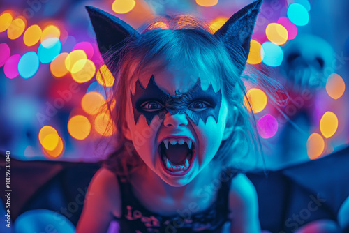 Spooky Fun: Adorable Bat Girl with Fangs Strikes Silly Poses at Halloween Costume Party with Monster Mash and Disco Lights in the Background.