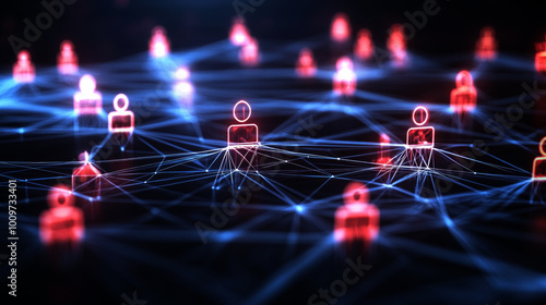 Abstract digital network with glowing connections and people icons on a dark background, 