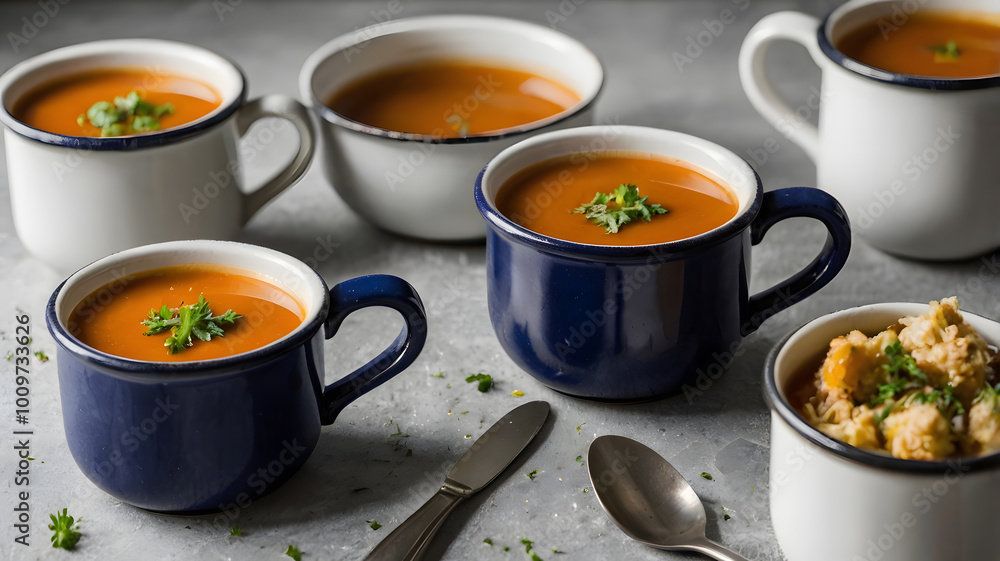 Vegan borstch served in enameled mugs Vegan borstch served in enameled mugs