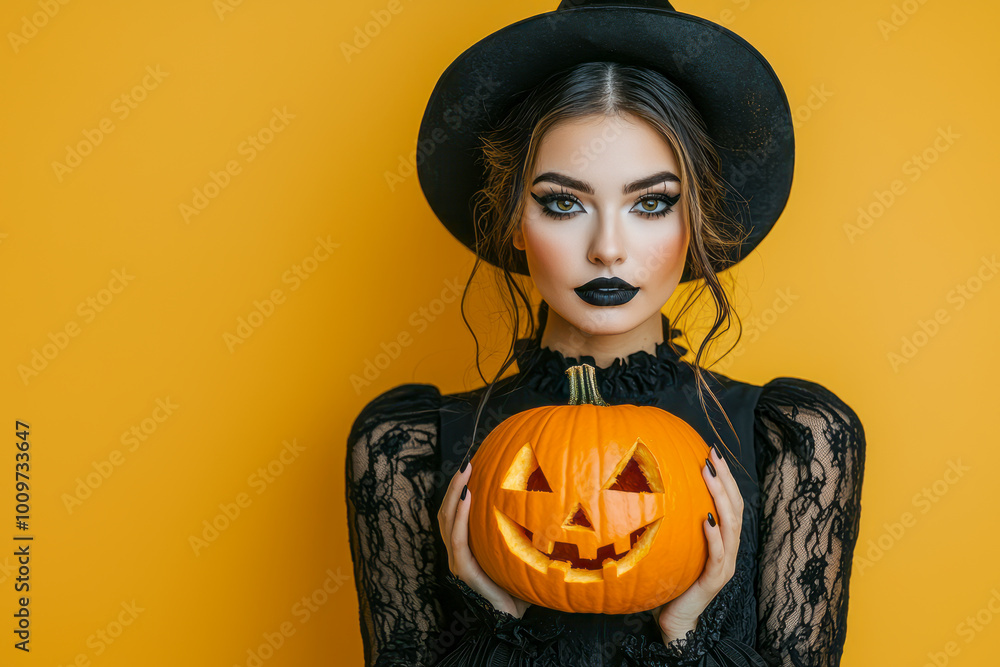Mysterious sorceress in black attire and spooky makeup holds jack-o'-lantern, against yellow backdrop. Mysterious sorceress in black attire and spooky makeup holds jack-o'-lantern, against yellow backdrop.