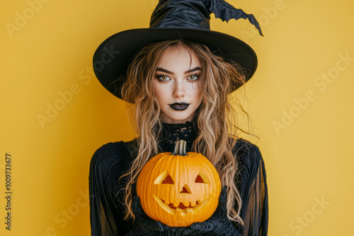 Enchanting Magician Woman with Spooky Halloween Makeup and Pumpkin, Standing Out on Yellow Background