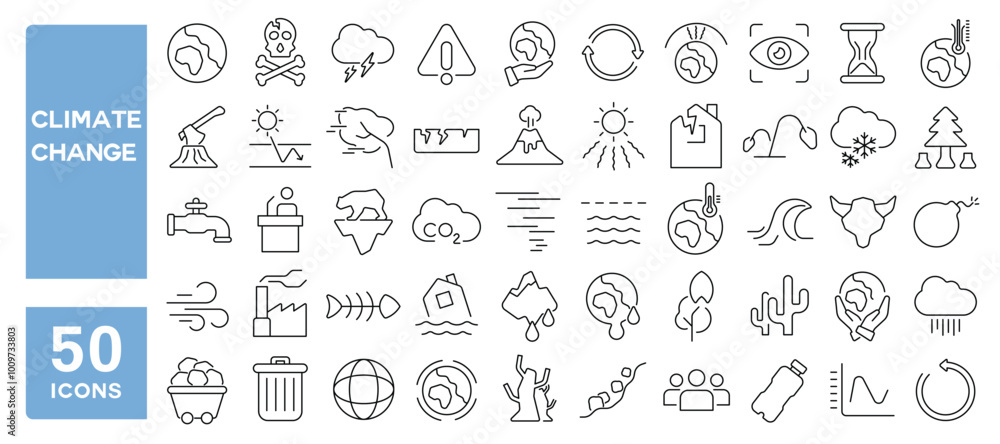 Set of 50 line icons related to climate change, disaster, global, warming, pollution, earthquake, tsunami, acidification, melting, ice, Editable stroke. Vector illustration Set of 50 line icons related to climate change, disaster, global, warming, pollution, earthquake, tsunami, acidification, melting, ice, Editable stroke. Vector illustration