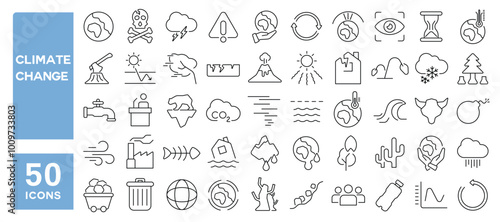 Set of 50 line icons related to climate change, disaster, global, warming, pollution, earthquake, tsunami, acidification, melting, ice, Editable stroke. Vector illustration