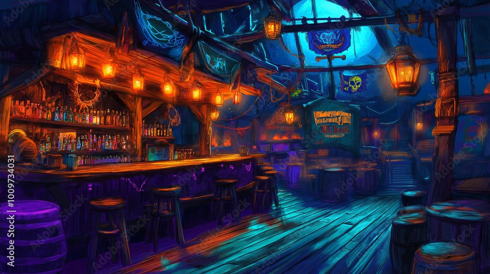 Obraz premium A dimly lit tavern with a wooden bar, glowing lanterns and an array of bottles.