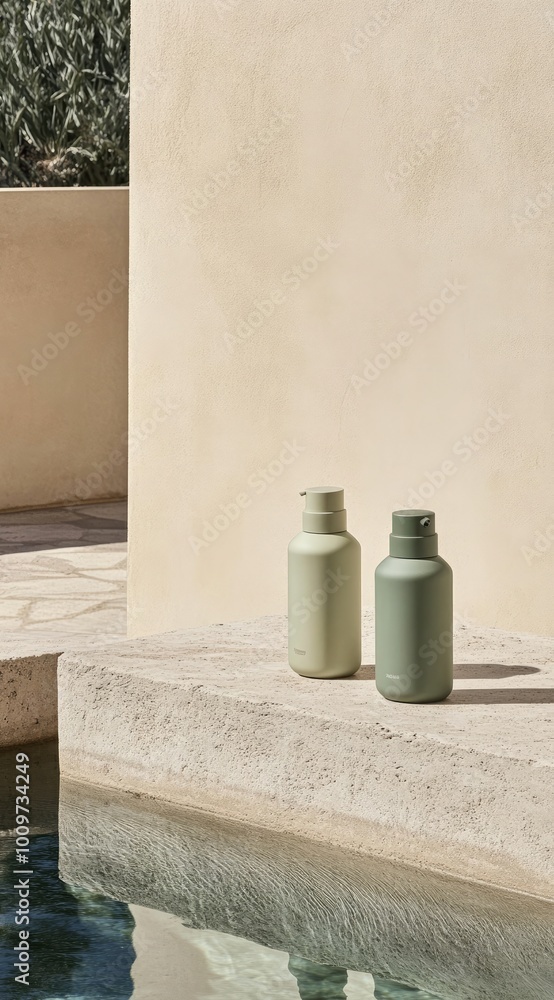 Two shampoo bottles rest on a stone table by sunlight, reflecting a serene ambiance. The setting features light, natural elements creating an elegant and calming view Two shampoo bottles rest on a stone table by sunlight, reflecting a serene ambiance. The setting features light, natural elements creating an elegant and calming view