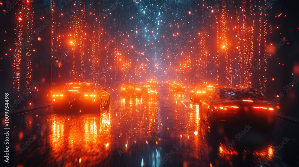 Cars create a mesmerizing glow as they drive along a rain-soaked street, surrounded by colorful lights during a nighttime urban display Cars create a mesmerizing glow as they drive along a rain-soaked street, surrounded by colorful lights during a nighttime urban display