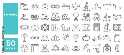 Set of 50 line icons related to swimming, pool, swimmer, river, champion, beach, tropical, sea, cap, goggles, lifeguard, Editable stroke. Vector illustration