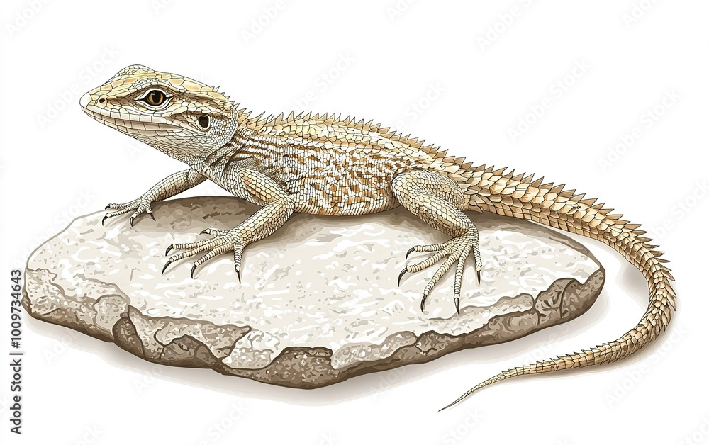 Fototapeta premium A bearded dragon basking on a flat rock under warm sunlight in a serene desert landscape