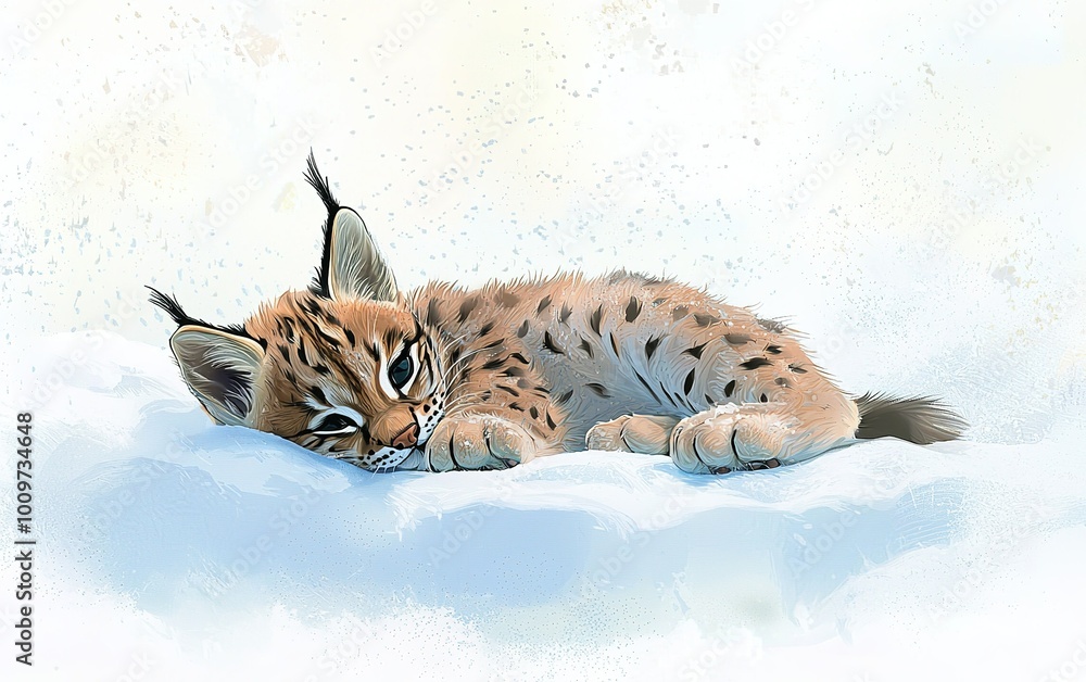 Obraz premium A serene lynx kitten resting peacefully in soft snow under gentle winter sunlight in a tranquil forest landscape