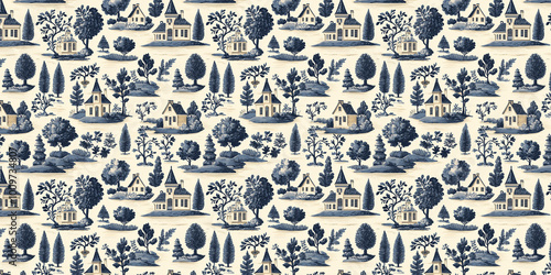 French Toile de Jouy Seamless Pattern Design