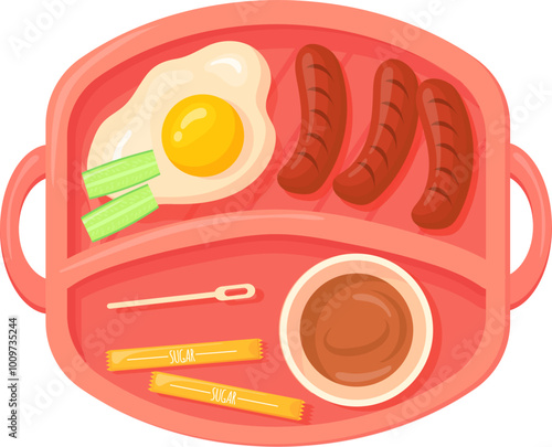 Kid lunch food tray. Cafeteria meal top view