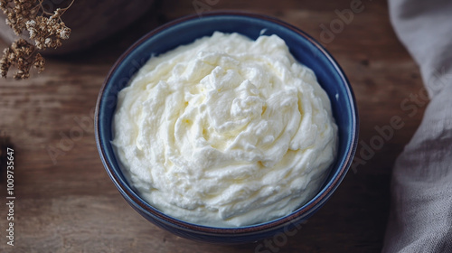 "Homemade yogurt displayed in a bowl, captured up close."