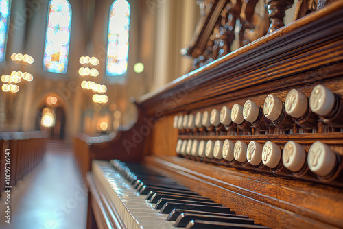 Capture the Majesty: Selective Focus Image of Pipe Organ in Catholic Cathedral Interior Offers Abundant Copy Space