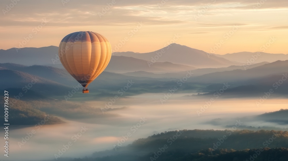 Fototapeta premium Hot Air Balloon Flying Above Misty Mountains