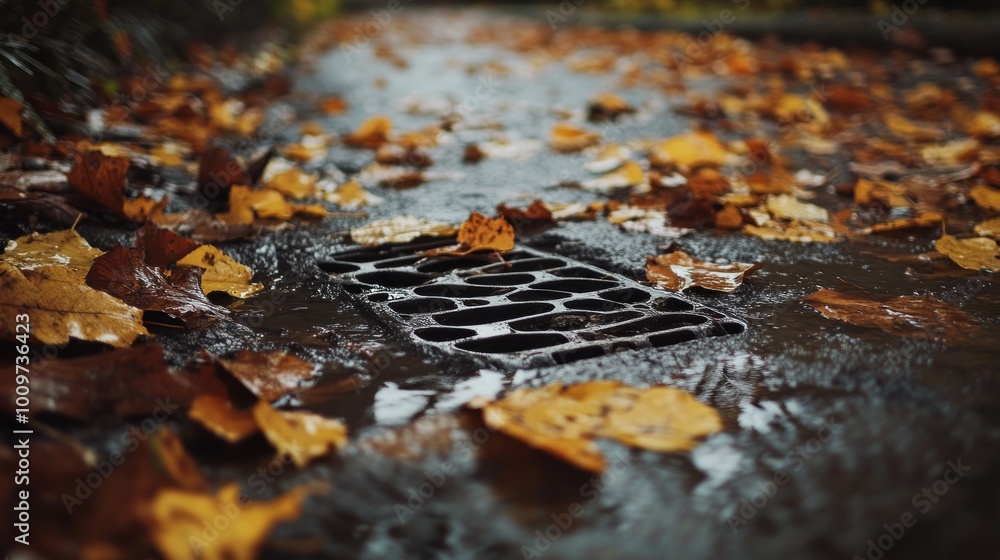 Metal storm water drain on asphalt road during autumn, surrounded by fallen yellow and brown leaves Metal storm water drain on asphalt road during autumn, surrounded by fallen yellow and brown leaves