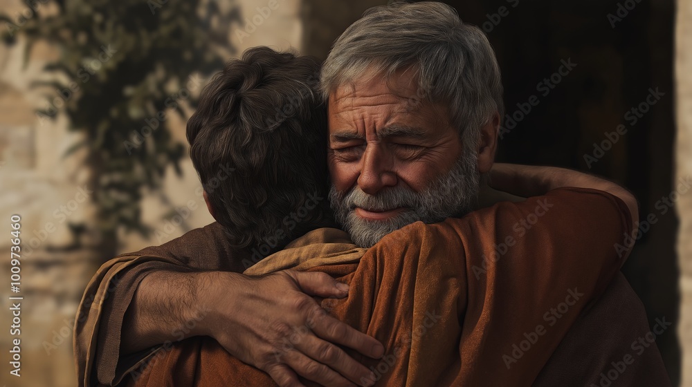 A hug between father and Prodigal son in Israel. A hug between father and Prodigal son in Israel.