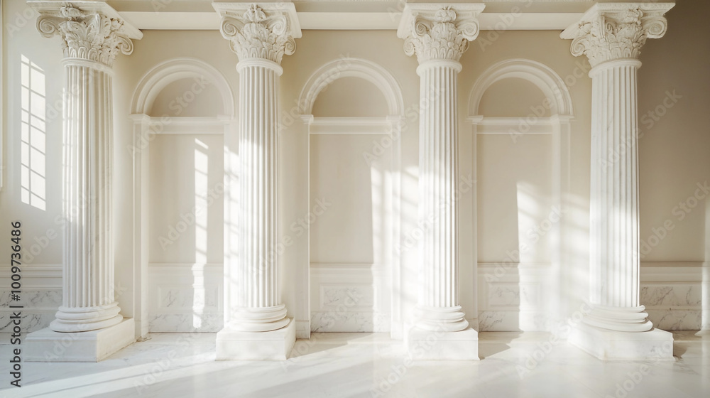 Classic white columns and elegant architecture in a bright, spacious interior setting Classic white columns and elegant architecture in a bright, spacious interior setting