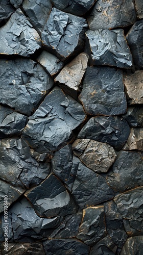 Close-up of a textured rock wall showcasing dark and grey rocks with intricate craftsmanship details