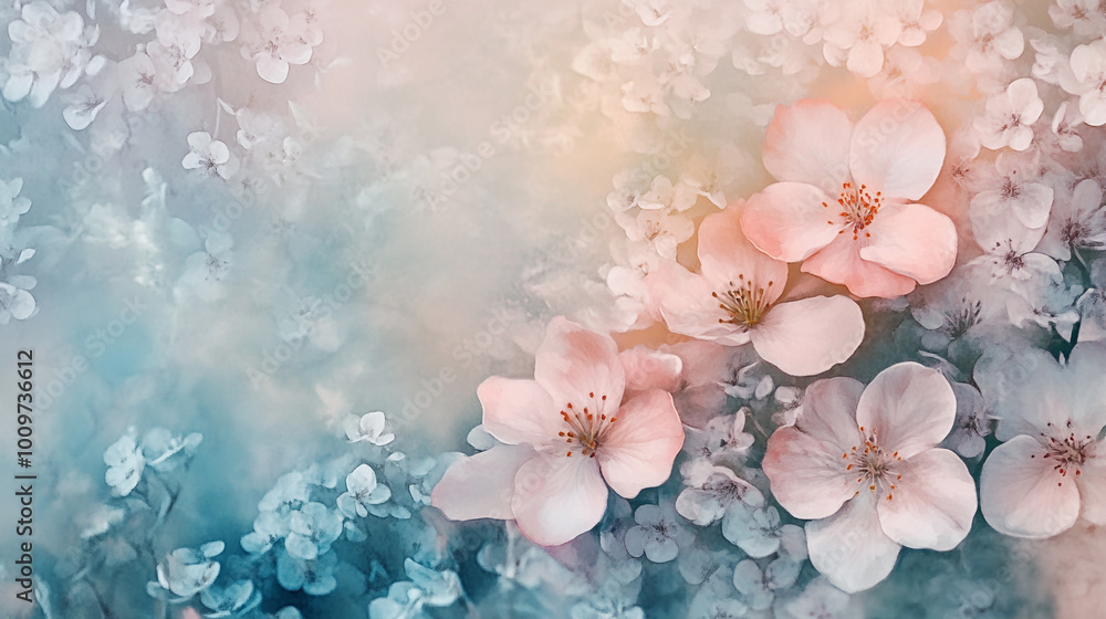 Delicate pink cherry blossoms bloom amidst a soft blue and white floral background Delicate pink cherry blossoms bloom amidst a soft blue and white floral background