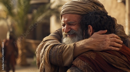 A hug between father and Prodigal son in  Israel. photo