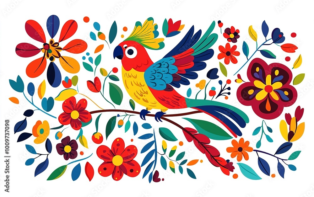 A vibrant parrot perched on a colorful branch among blooming flowers, showcasing nature's beauty in a tropical garden A vibrant parrot perched on a colorful branch among blooming flowers, showcasing nature's beauty in a tropical garden