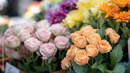 Colorful blooming flowers displayed at a local market during a sunny afternoon