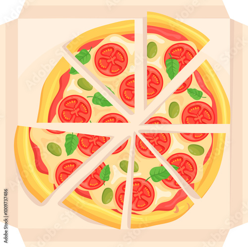 Sliced pizza box. Tasty fresh food cut