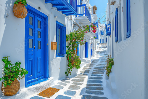 Fototapeta Naklejka Na Ścianę i Meble -  Charming Greek village scene with narrow blue and white cobblestone streets and traditional houses in Mykonos Island, Greece