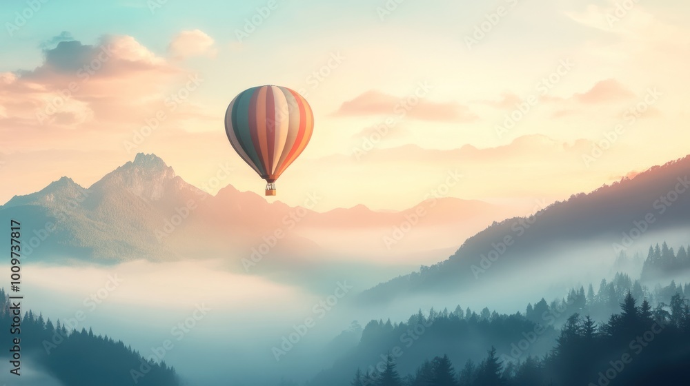 Hot Air Balloon Soaring Above Misty Mountains Hot Air Balloon Soaring Above Misty Mountains