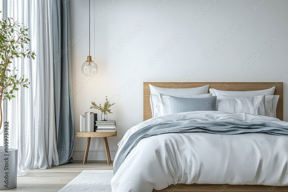Luxurious Hotel Bedroom Design: Elegant Bed, Nightstand with Books, and Mock-Up Wall. Luxurious Hotel Bedroom Design: Elegant Bed, Nightstand with Books, and Mock-Up Wall.