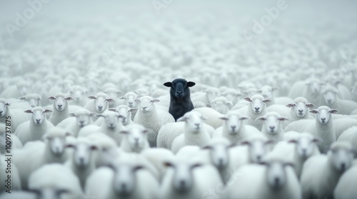Surreal image of a lone black sheep standing out in the middle of a dense white sheep flock, representing individuality, contrast, and distinctiveness in a misty environment